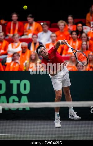 Groningen, Netherlands. 02nd Feb, 2024. GRONINGEN, NETHERLANDS - FEBRUARY 2: Marc-Andrea Huesler during day 1 of the 2024 Davis Cup Qualifiers match between Netherlands and Switzerland at the Martiniplaza on February 2, 2024 in Groningen, Netherlands. (Photo by Rene Nijhuis/BSR Agency) Credit: BSR Agency/Alamy Live News Stock Photo