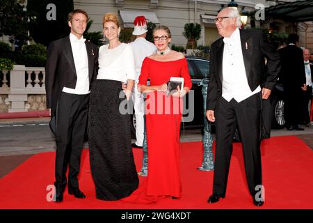 Emanuele Filiberto of Savoia, Princess Clotilde, Princess Marina and Prince Vittorio Emanuele arriving for the official dinner on the Opera terraces after the religious wedding of Prince Albert II and Princess Charlene of Monaco in Monaco, 02 July 2011. 450 guests have been invited for the dinner followed by a ball in the Opera. Photo by Marco Piovanotto/ABACAPRESS.COM Stock Photo