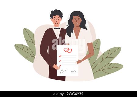 A groom and bride holding signed marriage contract. Interracial married couple with prenup document. Newlywed with prenuptial agreement marriage certi Stock Vector