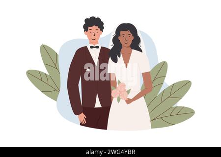 A groom and bride holding a flower bouquet. Interracial married couple. Newlywed couple of man and woman. Romantic marriage of love partners. Husband Stock Vector