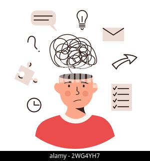 Human head with many thoughts, task and ideas. Child or adult with ADHD syndrome. Attention deficit hyperactivity disorder. Mental health, psychology Stock Vector