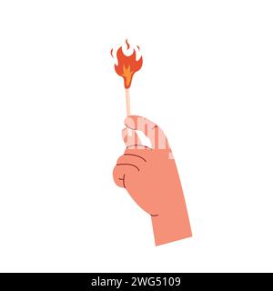 Hand holding a burning match stick. Flaming matchstick. Match with fire. Pyromaniac concept. Vector illustration isolated on white background in flat Stock Vector