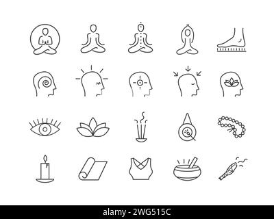 Mindfulness and meditation concept vector outline icons set. Collection of elements for self-awareness, emotional balance and spiritual practices Stock Vector