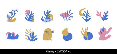Vector composition with abstract shapes and blue algae. Matisse inspired design of corals or branches. Mid centure childish templates in flat style Stock Vector