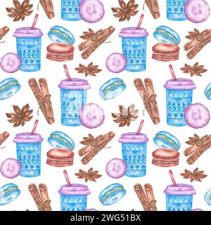 Watercolor pattern for your design, cinnamon, coffee, cozy cookies macaroons. Watercolor bakery clipart set of cookies. Traditional French pastry. Stock Photo