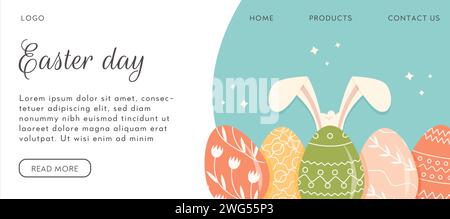 Happy Easter day landing page template. Horizontal banner with decorated Easter Eggs and bunny ears on blue background. Poster in modern minimalistic Stock Vector