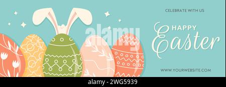 Happy Easter horizontal banner decorated with Easter eggs and bunny ears in pastel colors. Festive social media cover template on blue background. Vec Stock Vector