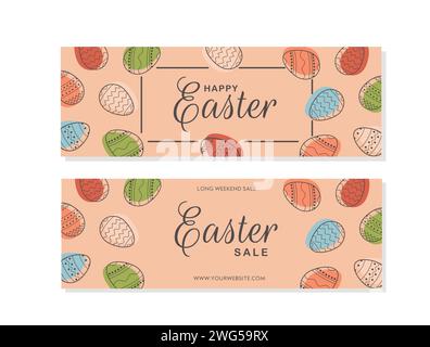 Happy Easter banner template. Easter eggs in pastel colors. Modern minimal style. Horizontal trendy poster, greeting card, header for website or cover Stock Vector