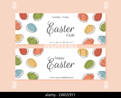 Flat Easter horizontal banner templates. Decorated Easter eggs in pastel colors. Modern minimal style. Trendy poster, header for website or cover for Stock Vector