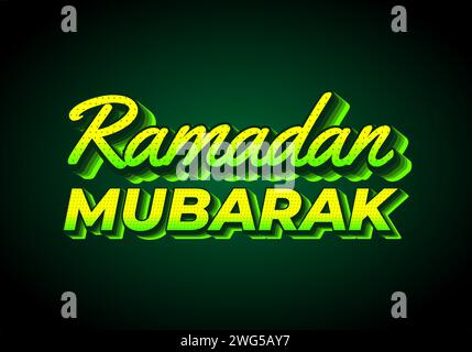 Ramadan mubarak. Text effect design in 3D look. Yellow green color. Dark background Stock Vector