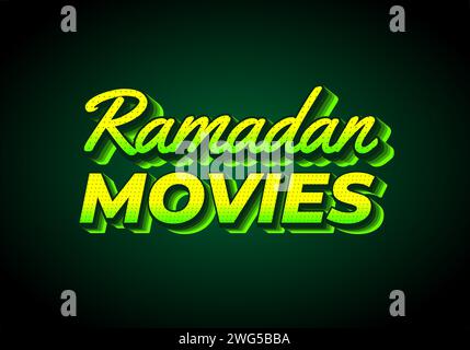 Ramadan movies. Text effect design in 3D look. Yellow green color. Dark background Stock Vector