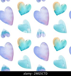 Watercolor seamless pattern of hearts on a white background. The illustration is hand-drawn. Valentine's Day, festive decor. For printing postcards an Stock Photo