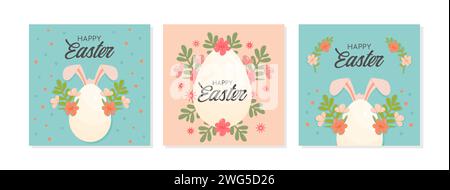 Set of trendy Happy Easter greeting cards. Square banner templates with Easter eggs, decorative floral elements and bunny ears. Modern sale posters, h Stock Vector