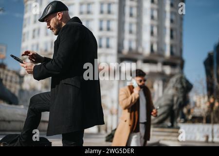 Two fashionable businessmen work remotely using smart phones in a lively urban environment, reflecting modern, flexible work culture. Stock Photo