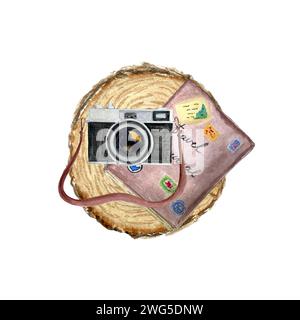 Watercolor vintage camera map and tree stump composition isolated on white. Stock Photo