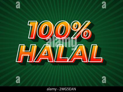100% halal. Text effect design in gradient yellow red color. 3D look. dark green background Stock Vector