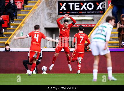 Aberdeen's Bojan Miovski celebrates scoring their side's first goal of the game during the cinch Premiership match at Pittodrie Stadium, Aberdeen. Picture date: Saturday February 3, 2024. Stock Photo