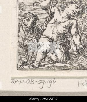 Johannes de Boper, as a child, Cornelis Schut (I), 1618 - 1655 print The young John the Baptist kneels at a water stream to fill a bowl with water. He holds a victory banner. Next to him is the Lamb.  paper etching John the Baptist; possible attributes: book, reed cross, baptismal cup, honeycomb, lamb, staff - early life of male saint Stock Photo