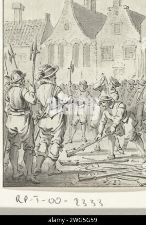 The remediation of the Waardgelders in Utrecht, 1618, Jacobus Buys, 1780 - 1795 drawing The disposal of the Waardgelders on the command of Prince Maurits, on the Neude in Utrecht, July 31, 1618. The soldiers put their weapons on the ground at the feet of Prince Maurits. Design for a print.  paper. ink pen / brush historical events and situations. disbanding of the troops. land forces (+ mercenary troops, e.g.: lansquenets). assembling of military forces; mobilization, troop concentration, etc.. warfare; military affairs (+ mercenary troops, e.g.: lansquenets). demobilization Neude. Utrecht Stock Photo