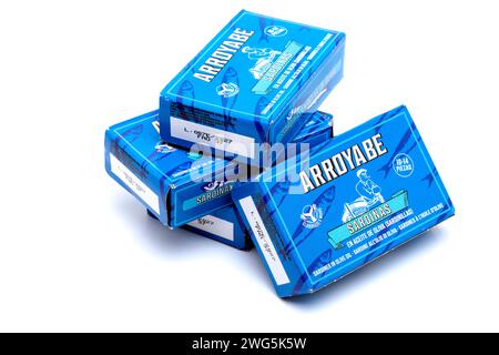 Four Cans of Arroyabe Quality Sardines Stock Photo