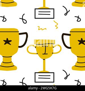 Trophy and award cup doodle background with yellow colors. Vector illustration can used for notebook covers, posters, wallpapers, wrapping paper.  Stock Vector