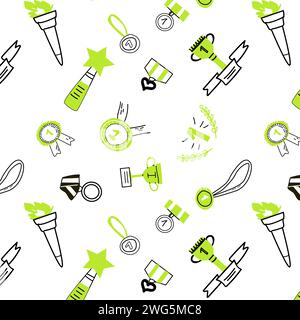 Hand drawn doodle awards design background with green elements. Vector illustration with outline and colors elements - cups, burning torch, medals.  Stock Vector