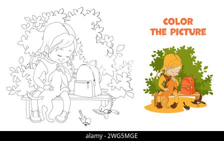 Cute schoolgirl with pigtails petting a puppy while sitting on a park bench in summer. Coloring page. Cartoon vector illustration. Stock Vector