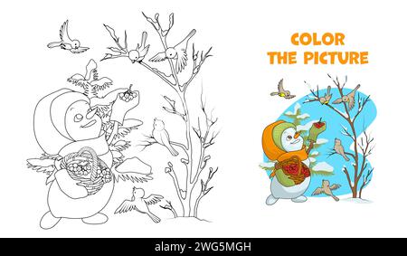 Smiling snowman girl feeding birds in the forest in winter. Coloring page. Cartoon vector illustration. Stock Vector