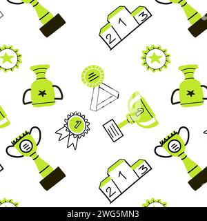Hand drawn doodle awards design background. Vector illustration with outline and colors elements - cups, place pedestal, medals.  Stock Vector