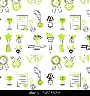 Hand drawn doodle awards cartoon background. Vector illustration with outline and colors elements - cups, diploma, medals.  Stock Vector