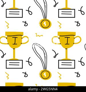 award cup and medals doodle background. Vector illustration isolated. Can used for wrapping paper, posters, wallpapers.  Stock Vector