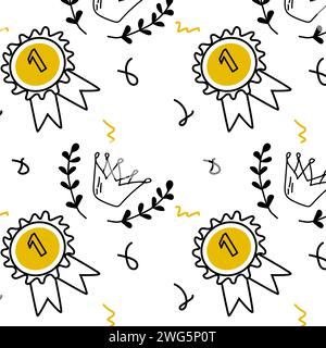 first place champion background with Hand drawn trophy elements. Vector illustration isolated.  Stock Vector
