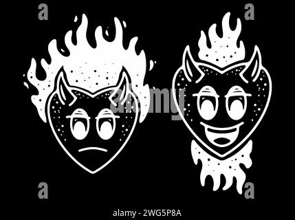 Black and white color of heart with horn line art tattoo design Stock Vector