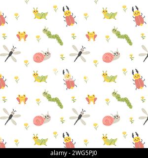 Cute cartoon snail, frog and beetle bug background. Vector illustration for textile, wrapping paper, clothes, wallpaper, summer poster. Cute animal caterpillar and snail characters on seamless pattern Stock Vector