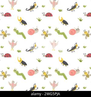 cute caterpillar and snails, birds, bee seamless pattern. Vector illustration can used for baby textile background, wallpaper, poster and decoration.  Stock Vector