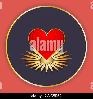 Heart and daisy in a round gold frame. Card design. Vector illustration Stock Vector