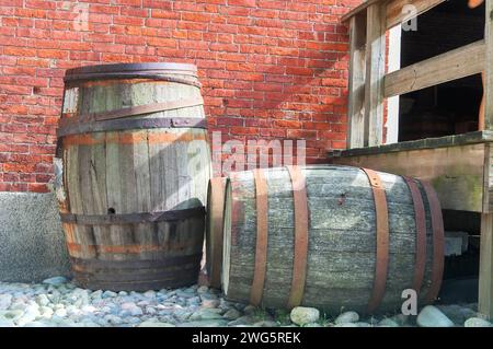 Two large wooden barrels outside the custom house in salem massachusetts. Stock Photo