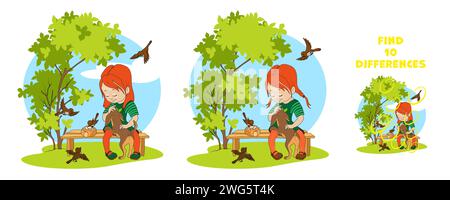 Cartoon child girl siting on a bench in city park or in yard, petting puppy and feeding birds a bun. Find differences. Attention puzzle for kids Stock Vector