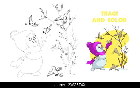 Handwriting practice sheet. Trace and color cute hand drawn snowman girl feeding birds in the forest in winter. Coloring page. Cartoon vector Stock Vector
