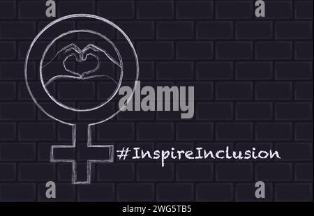 Gender sign and heart shape drawn in chalk on a brick wall. The hashtag #inspirationinclusion is written in chalk Inspire inclusivity. Banner template Stock Vector