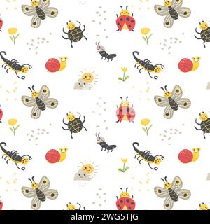 cute lady bug and spider, snail insects background. Vector illustration can used for wrapping paper, textile, summer decoration, wallpapers.  Stock Vector