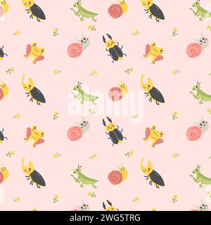 cute insects characters on pink background. Vector illustration in Hand drawn flat style. Beetle and snail insects, grasshoper. Trendy design.  Stock Vector
