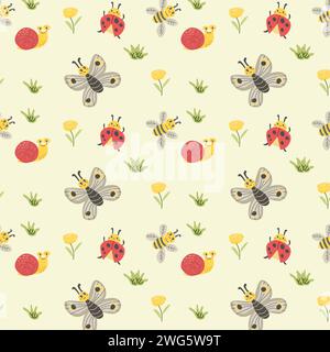 Cute butterfly and ladybug summer pattern. Vector illustration On yellow background.  Stock Vector