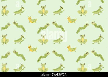 Cute frog and caterpillar, grasshoper insects pattern. Vector illustration on green background. Can used for summer, spring wallpapers, cover design.  Stock Vector