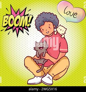 Cat and boy pop art style vector image Stock Vector