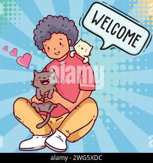 Cat and boy pop art style vector image Stock Vector