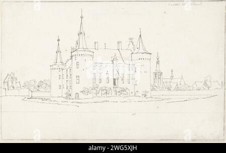 The Castle in Helmond, Cornelis Pronk, 1720 - 1740 drawing On the left the Poortgebouw and on the right the Sint-Lambertuskerk.  paper. ink. pencil pen castle. city-view, and landscape with man-made constructions. church (exterior) Helmond Castle. Helmond Stock Photo