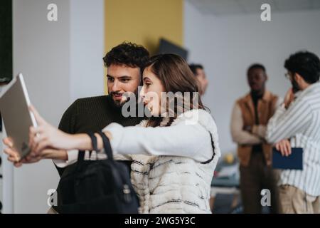 Business people taking a selfie at work with tablet. Stock Photo