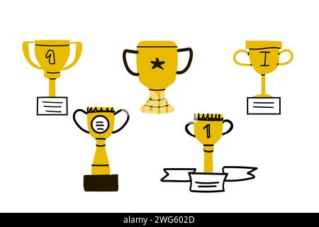 Set of Hand drawn doodle award 1 place golden cups icon isolated. Vector illustration can used for banner, label, card. Doodle drawing in yellow color.  Stock Vector
