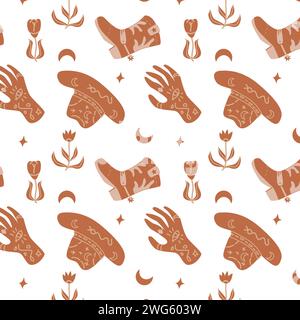 Western boho pattern with mystery elements. Vector illustration in brown color. Floral and magic elements.  Stock Vector